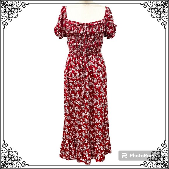 SUCREFAS Floral Ruffle-Hem Off-The-Shoulder Midi Dress - Size L - Picture 3 of 7